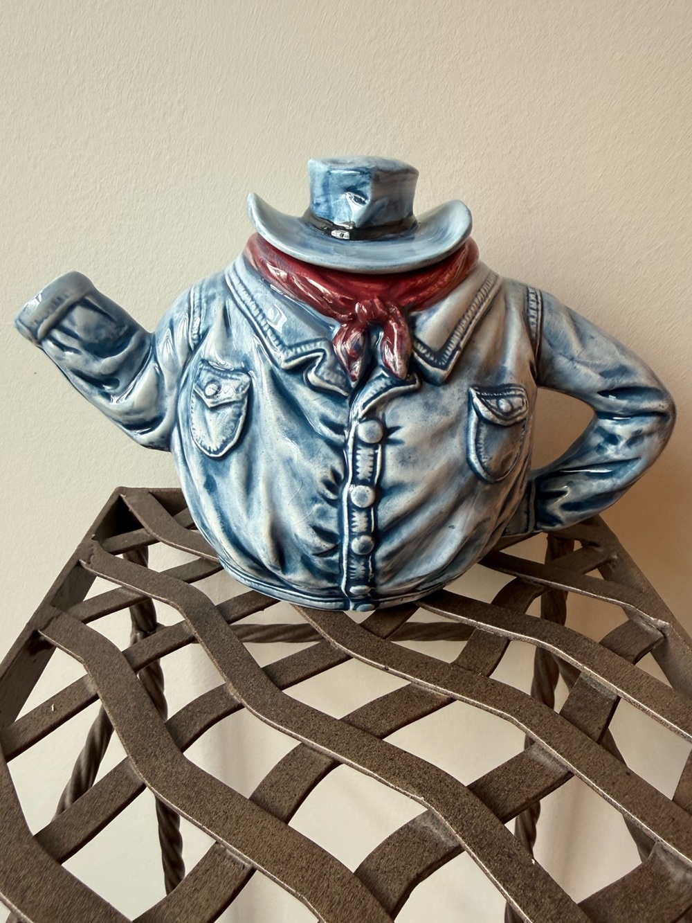 Handcrafted Cowboy Ceramic Teapot in Blue with Red Bandana